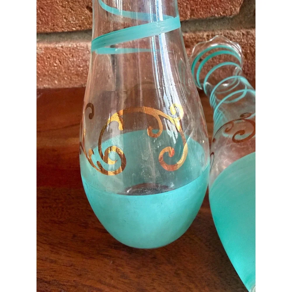Vintage Midcentury Art Glass Vases – Aqua Spiral Swirl, Gold Scroll Accents